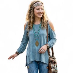 American Eagle Soft & Sexy Cold Shoulder Long Sleeve Top Blue Large